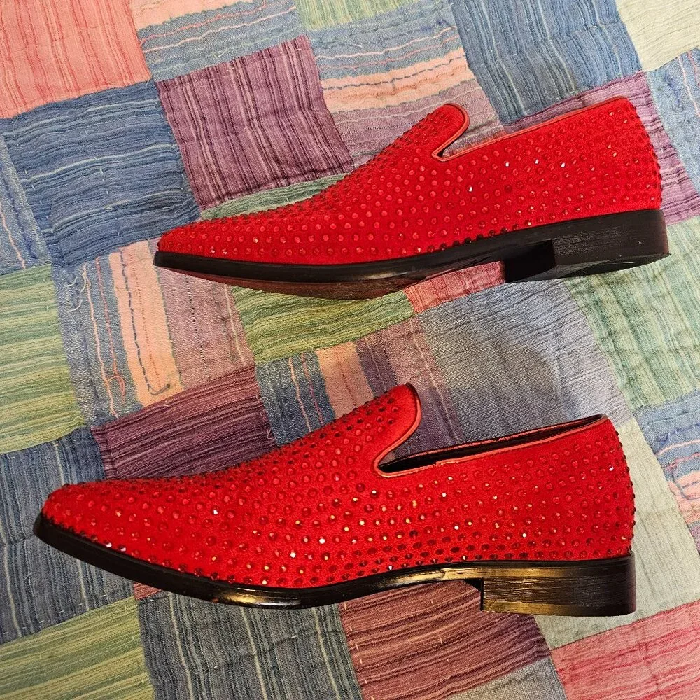 Alberto Fillini Red Velvet and Rhinestone Slip on Loafers, Size 8.5 Men’s - Picture 3 of 7